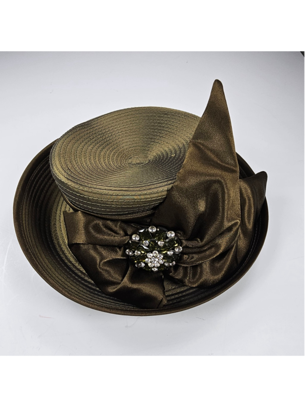 Whittall & Shon Olive Green Church Derby Hat Rhinestone Bow 22.5 Made USA